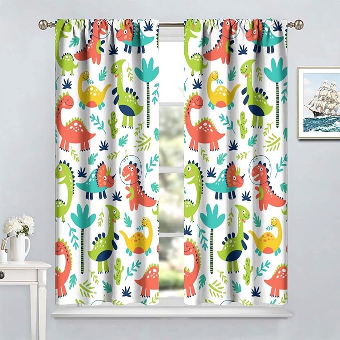 Rustic Dinosaurs Curtains Colorful Dino Kids Boys Cartoon Cute Cool Funny Decor Printed Blackout Rod Pocket Window Drapes for Living Room Bedroom W31.5xL72in 2 Panels