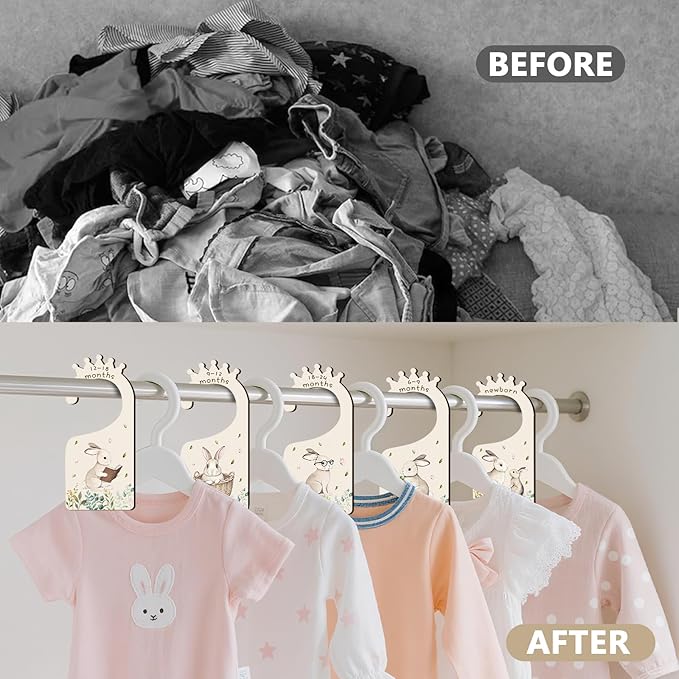 Baby Clothes Dividers for Closet - Set of 8 Wooden Baby Size Closet Dividers Newborn to 24 Months, Rabbits Babies Clothes Organizer for Boys Girl Nursery Decor Gender-Neutral Newborn Hangers Dividers