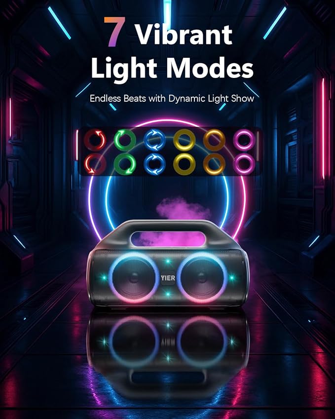 Speakers, 80w (Peak) Portable Wireless Speaker with Lights, Stereo Loud Sound, IP67 Waterproof, Deep Bass Outdoor Speakers Bluetooth 5.0 Dual Pairing for Home Party Beach Camping, Gifts