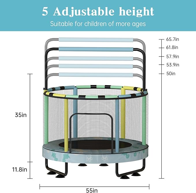 LAMERGE 55" 7-in-1 Round Trampoline for Kids Boys & Girls Ages 1-8, Indoor & Outdoor Trampoline for Fun, Adjustable Height Handrail ＆ Enclosed Safety Net ＆ Durable Designs for Toddlers Children