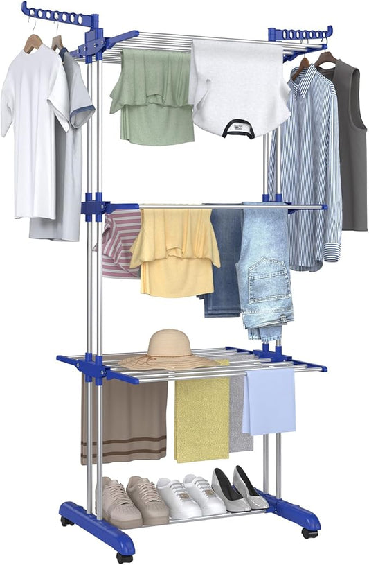 Bigzzia Clothes Drying Rack, Folding Stainless Steel Drying Rack Clothing Indoor Outdoor, Space-Saving, 4 Tier Laundry Drying Rack with Two Side Wings Grey Blue