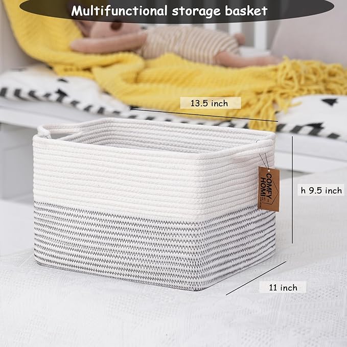 COMFY-HOMI 3 Pack Cotton Rope Square Basket with Handles - Storage & Organizer (White/Black Line, 13.5" x 11" x 9.5")