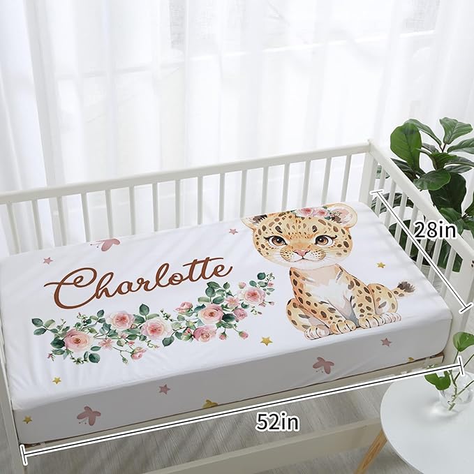 Personalized Nursery Crib Bedding Set: Custom Name 5 Piece Baby Crib Sets with Floral Leopard Design - Toddler Double Layer Blanket Set, Comfortable Crib Bed Sheets for Baby Grils