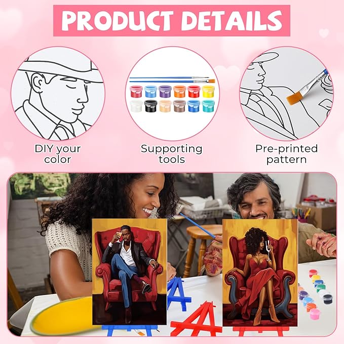 Blosssound 10 Set Pre Printed Canvas Pre Drawn Canvas Painting with Easel Kits 5" x 7" Outline Painting Panels for Beginners, DIY Craft Project, Party Favor, Home Decors(Couple)