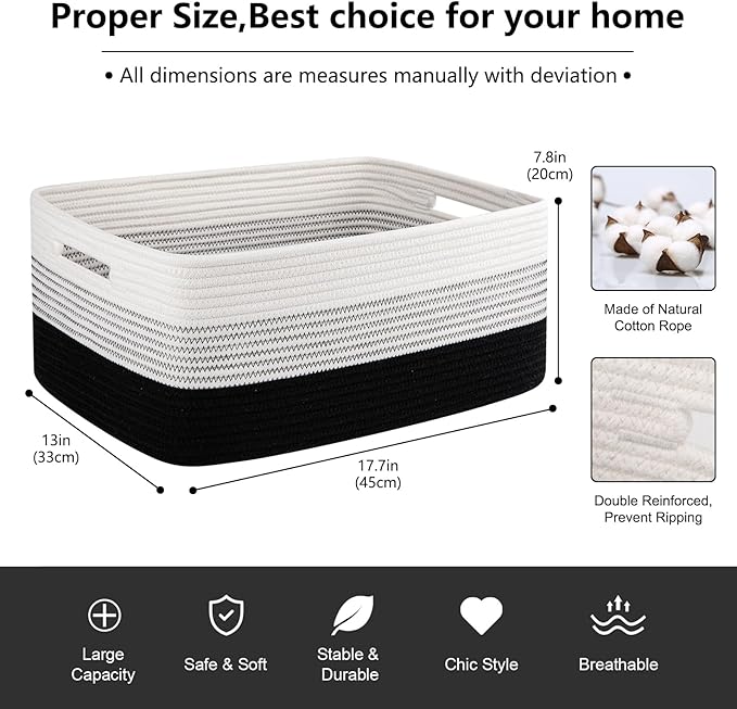 Large Storage Basket for Organizing, Woven Rope Basket for Shelves, Closet Organizer Bins for Clothes, Blanket, Toys, Baby Nursery Storage, 17.7" x 13" x 7.87", 2 Packs Gradient Black