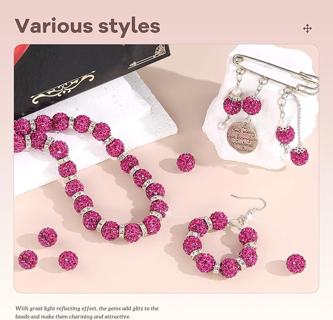 105pcs 10mm Rhinestone Beads for Jewelry Making, Champagne Pink Shiny Round Disco Ball Beads Bulk, Sparkle Crystal Clay Christmas for Bracelet Baseball Necklace Earring Crafting and DIY