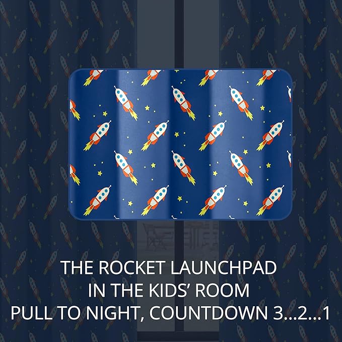 Kids Space Rocket Blackout Curtains - 100% Blackout, Thermal Insulated, Noise Reducing, Perfect for Kids Room and Nursery, 2 Panels (Rocket Blast-Off Repeat, W52×L84)
