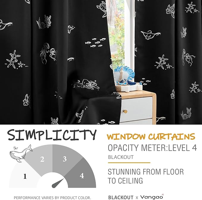 Vangao Kids Curtains for Boys Bedroom Kids Blackout Curtains 63 Inch Length Ocean Aquarium Nursery Drapes for Girls Bedroom Silver Sea Animals Print Thermal Insulated Drapes, Black 2 Panels