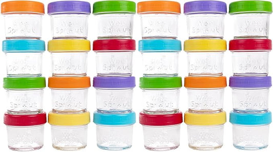 WeeSprout Baby Food Storage Glass Jars w/Lids (4 oz, 24 Pack) Bright Variety, Snack, Reusable Small Containers, Fridge or Freezer, Microwave & Dishwasher Safe, Essentials for Infants