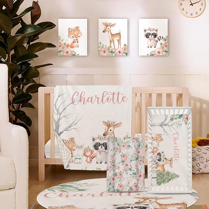 Personalized Nursery Crib Bedding Set: Custom Name 5 Piece Baby Crib Sets with Cute Sika Deer & Fox Pattern - Toddler Double Layer Blanket Set, Comfortable Crib Bed Sheets for Baby Grils
