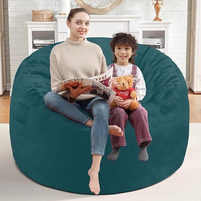 3FT Bean Bag Chair, Comfy Bean Bag Chairs with Memory Foam Filled, Fluffy Beanbag Sofa with Dutch Velvet Cover, Round BeanBag Chairs for Living Room, Playroom - Sea Blue
