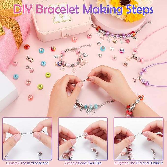 Bracelet Making Kit for Girls with Bracelet Box Charm Beads Pendants for Jewelry Making Craft Kit for Teen Girls Age 8-12 Kids Gifts Toys Birthday Valentine Christmas