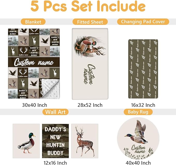 Personalized Crib Bedding Set, 5 Pcs Custom Name Nursery Bedding Set with Double Layer Blanket, Green Woodland Deer Baby Crib Set for Boys Girls, Customized Gifts for Toddlers Infants Babies