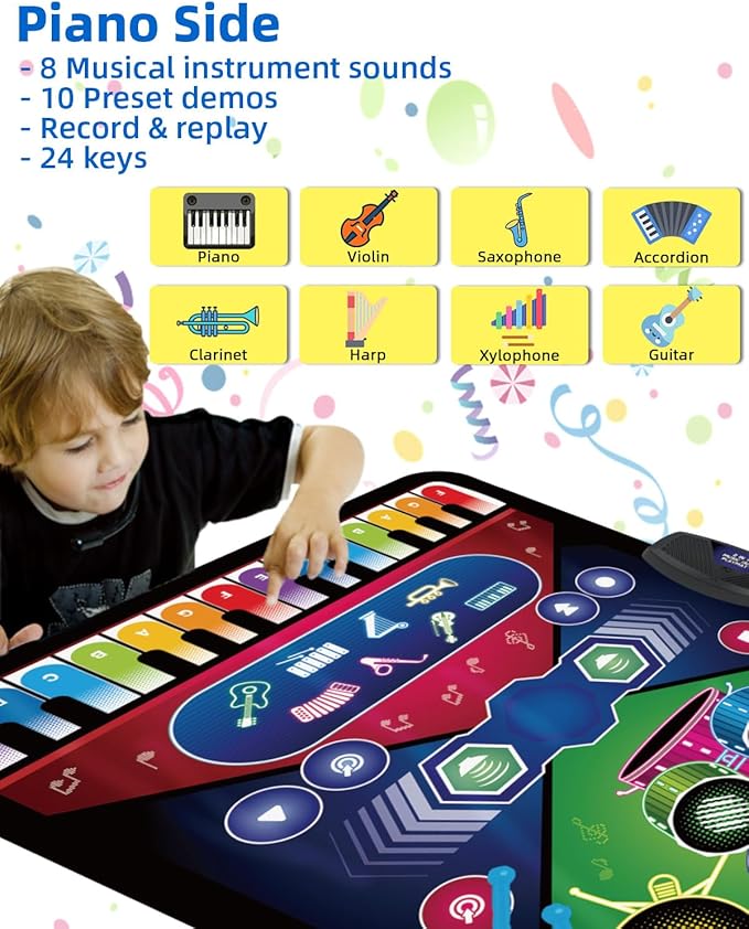 SUNLIN 2-in-1 Music Jam Mat, Music Learning Toy for Boys Girls 3-6, Drum Set + Piano Mat, Toddler Birthday Gift 3 4 5 6 Years, Record & Playback, Built-in Songs, 8 Instrument Sounds, Volume Control