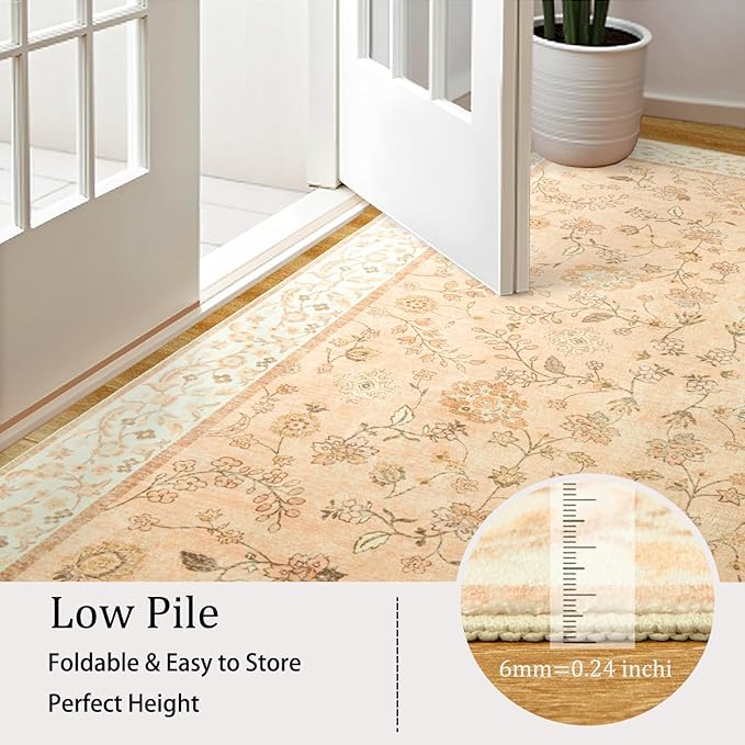 LOCHAS Washable Area Rugs 5x7, Peach Floral Rug for Living Room Bedroom Non Slip, Ultra Soft Vintage Indoor Carpet for Kids, Nursery, Dorm, Dining Room, Classroom, Boho Flower Home Decor, Low-Pile