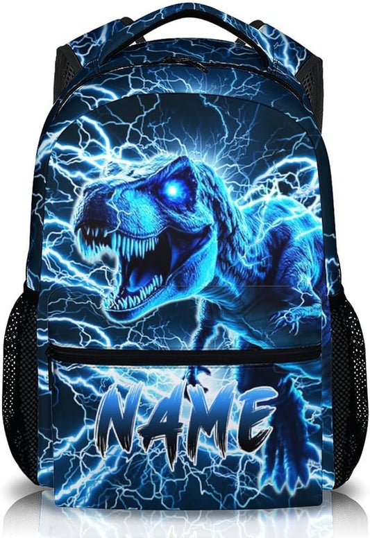 Dinosaur Backpack for Boys, Kids Custom Lightning Bookbag Gift with Name for Kindergarten Primary Senior Middle, 17 Inch Lightweight Cool Personalized Backpacks for School