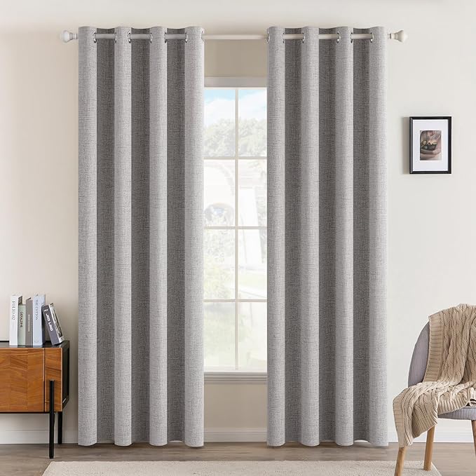 MIULEE Linen Texture Curtains for Bedroom Solid 100% Blackout Thermal Insulated Greyish White Curtains Grommet Room Darkening Drapes for Living Room Nursery 52x108 Inch (2 Panels)