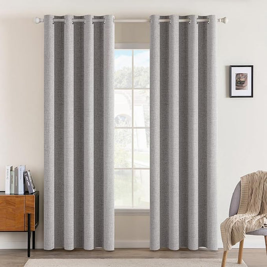 MIULEE Linen Texture Curtains for Bedroom Solid 100% Blackout Thermal Insulated Greyish White Curtains Grommet Room Darkening Drapes for Living Room Nursery 52x72 Inch (2 Panels)