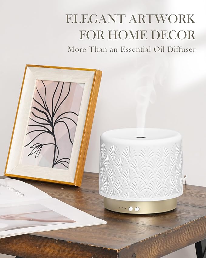 Ceramic Essential Oil Diffuser 280ml- Aromatherapy Diffuser with Ultrasonic Cool Mist Humidifier, Night Light, Timer, Auto Shut-Off, Large Room Aroma Diffuser for Home, Bedroom, Office, Yoga