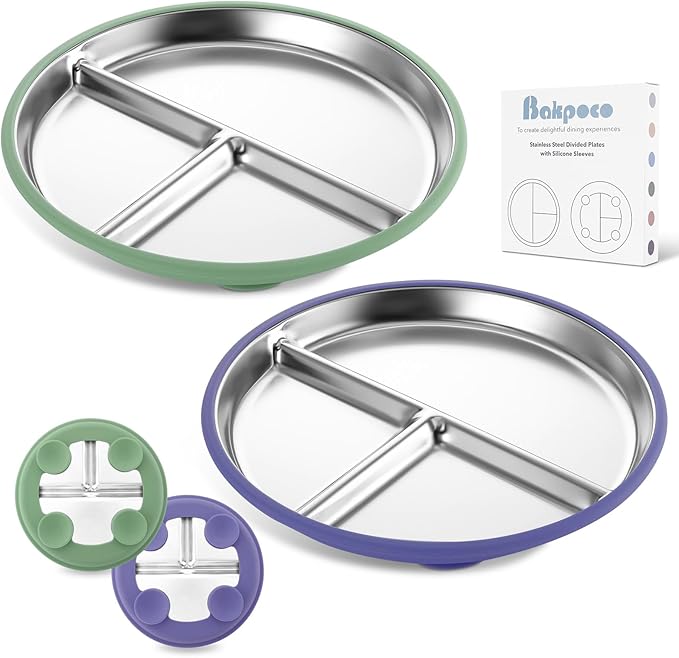 Stainless Steel Toddler Plate with Suction, 9” Divided Plates with Removable Silicone Sleeves for Baby, Non Toxic & BPA Free | Non Slip | Unbreakable Kids Snack Dishes Set of 2, Green & Purple