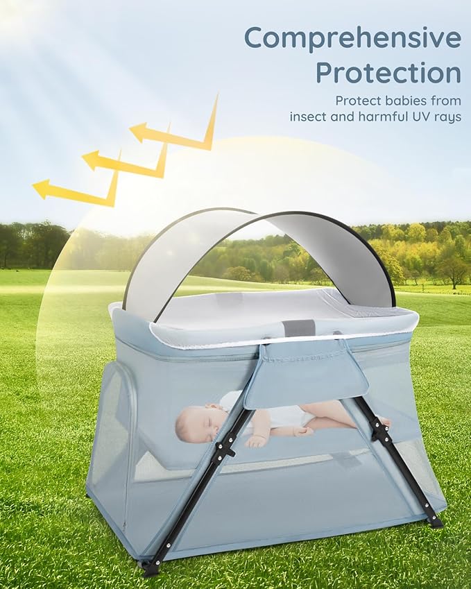 Lilian&Gema 2-in-1 Travel Crib, Portable Crib with Backpack, Lightweight Baby Travel Playpen, Foldable Play Yard with Thick Mattress for Babies & Toddlers, Baby Travel Essential