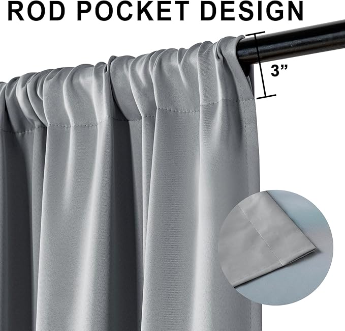 XWZO 100% Blackout Curtain Panels - Rod Pocket Thermal Insulated Black Liner, Noise Reducing and Heat Blocking Drapes for Hall and Extra Wide Windows with Tiebacks, Grey, W70 x L63, Set of 2