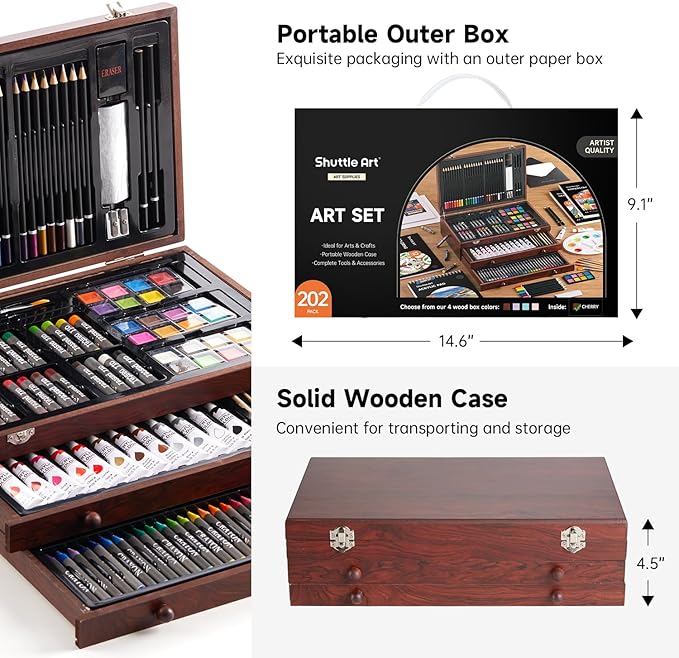 Shuttle Art Deluxe Gift Art Kit, 202-Piece Wooden Art Supplies Set with 4 Drawing Pads, Canvases, Coloring Sheets, Acrylic Paint, Crayons, Oil Pastels, Colored Pencils for Kids