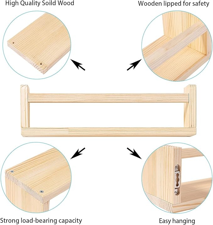 Nursery Book Shelves, 16.5 Inch Floating Bookshelves for Kids Room and Playroom Decor, Set of 3, Solid Wood Wall Mounted Shelves for Books and Toys Storage (Nature)