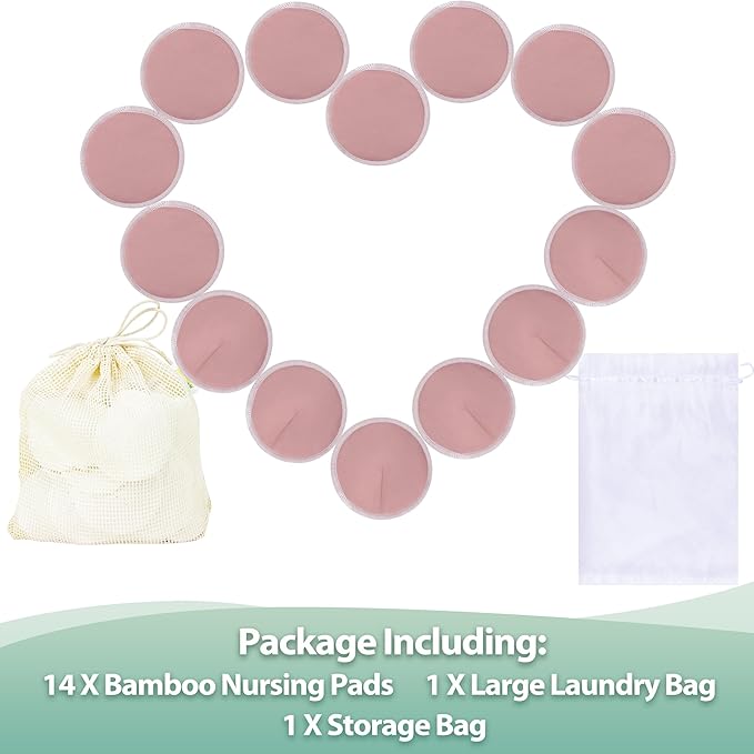 wegreeco Nursing Breast Pads (14 Pack) + Laundry Bag & Travel Storage Bag, 4.7 inch - Washable & Reusable Breastfeeding Nursing Pads (Mild Pink, Large, Contoured & Plain Shape)