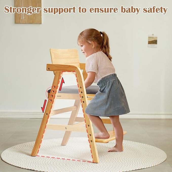 Solid Wood high Chairs for Toddlers,High Chair Grows with Kid for Dining, Study Chair for Children, Light Brown