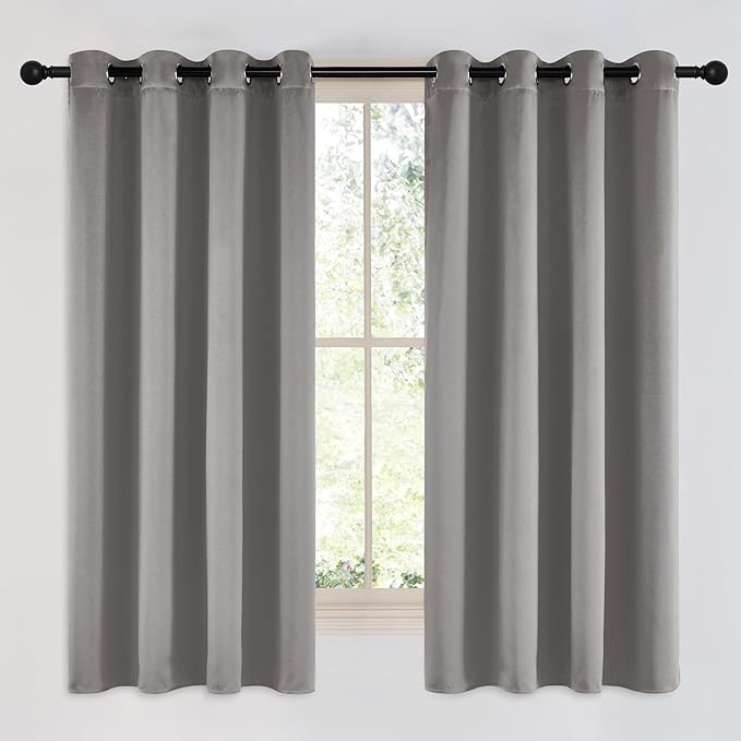 NICETOWN Chrome Gray Bedroom Curtains 63 inch Length 2 Panels, Grommet Window Treatment Thermal Insulated Solid Faux Silk Room Darkening Drapes for Kids Room, W52 x L63