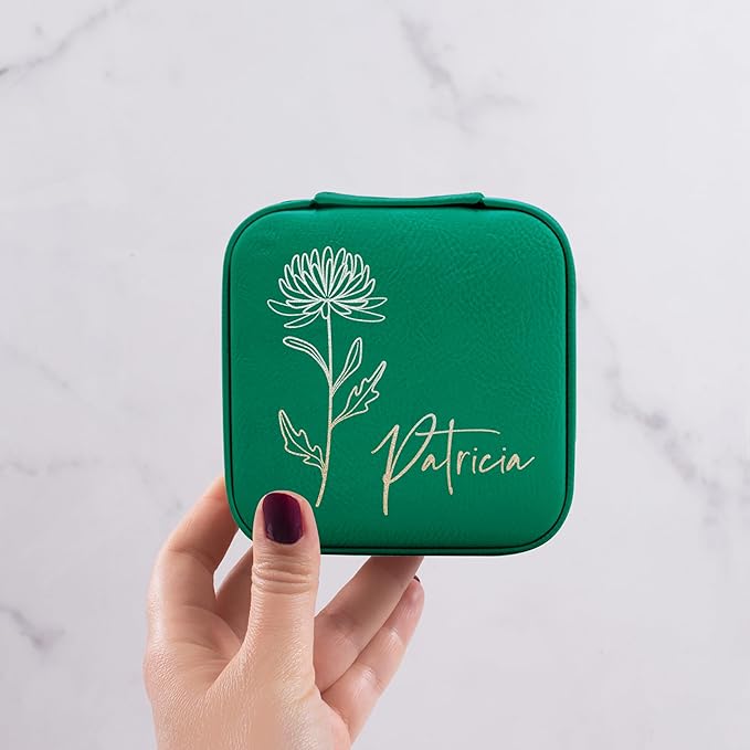 Custom Leather Jewelry Box w/Name & Birth Flower Month - Birthday Gifts for Women, Personalized Jewelry Travel Case - Customized Jewelry Organizer Box, Mom Birthday Gifts - Emerald