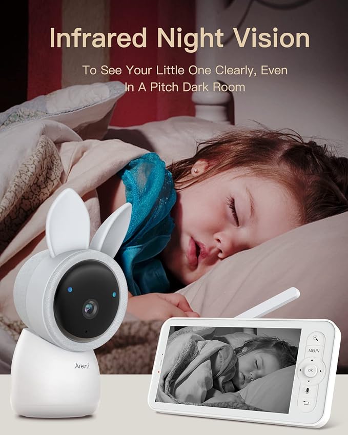 ARENTI Baby Monitor 2 Cameras, 2K Video Baby Camera with 5-Inch Upgraded Wireless Display, Super Night Vision, Lullabies, Cry & Motion Detection, Temp & Humidity Sensor, Two Way Audio