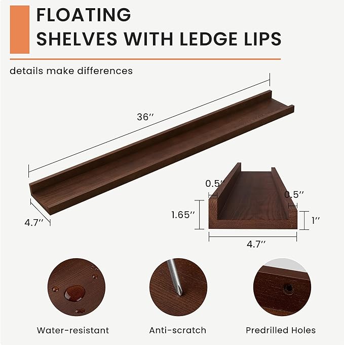 Solid Ash Wood Picture Ledge Shelf, 36 Inch Floating Shelves with Lip Set of 2, Photo Ledge Shelf Nursery Bookshelf Wall Mounted for Living Room Bedroom Decor, Walnut