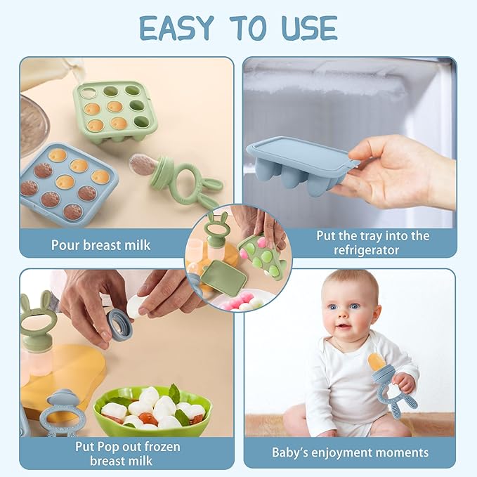 WAJIAYON Baby Breastmilk Popsicle Molds & Baby Fruit Feeder (3 Pack), Baby Food Freezer Tray Storage Containers, Silicone Teething Pacifier Feeder and Teether for Babies,Baby Feeder - Green