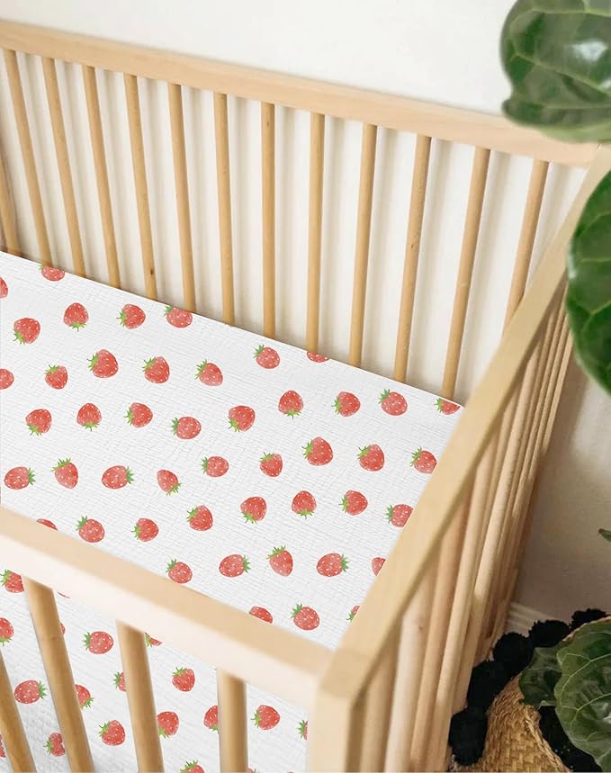 Muslin Bedside Bassinet Sheets 2 Pack, 33x20 Fitted Ultra Soft & Breathable Bedside Sleeper Sheets, Ideal for Baby Girl and Boy, Perfect for Newborns (Strawberry & Pale Pink)