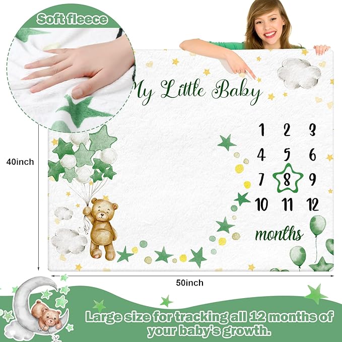 Sleeping Bear Monthly Baby Milestone Blanket Bear Star Balloon Flannel Blanket Boy Newborn Infant Swaddle Growth Chart Baby with Frame for Boys Girls Nursery (Green)
