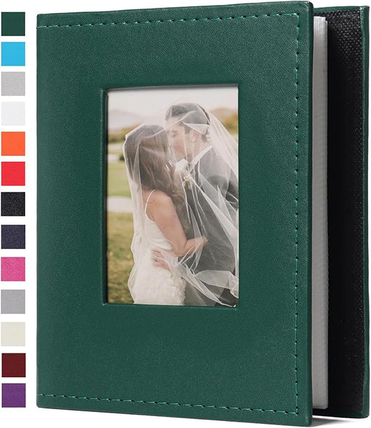 RECUTMS Small Photo Album 4x6 Photos - 52 Photos Small Mini Capacity Premium Leather Cover with Front Window, Mini Book Photo Books for Weddings Family (Dark Green)