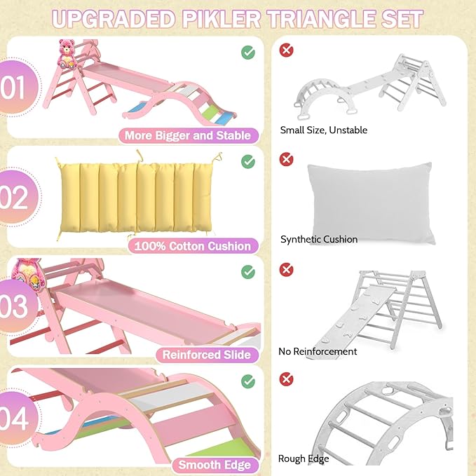 Pikler Triangle Set with Cushion 9 in 1, Climbing Toys for Toddlers 1-3, Montessori Indoor Baby Playground for Safe Motor Skills Development, Large Foldable Wooden Climbing Toys Set for Playroom