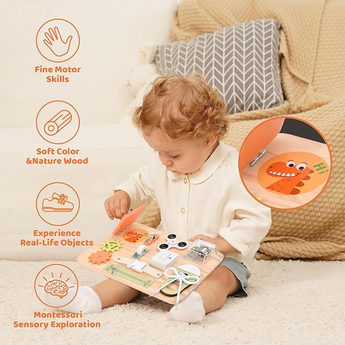 Montessori Toys for Tooddlers- Busy Board for 1 2 3 4 Years - Educational Fidget Toy for Baby - Wooden Sensory Toys for Autistic Children - Preschool Activities - Fine Motor Skills – Travel Toy