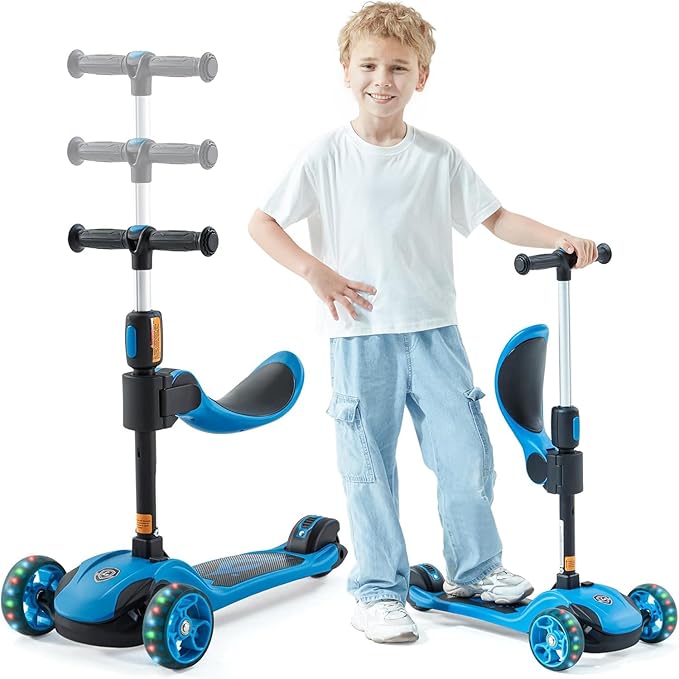 GLAMUP Kids Scooter, 2-in-1 Folding Kick Scooters, Adjustable Height, Safety Lock, 3 Wheel Kick Scooter for Boys and Girls Ages 3-14