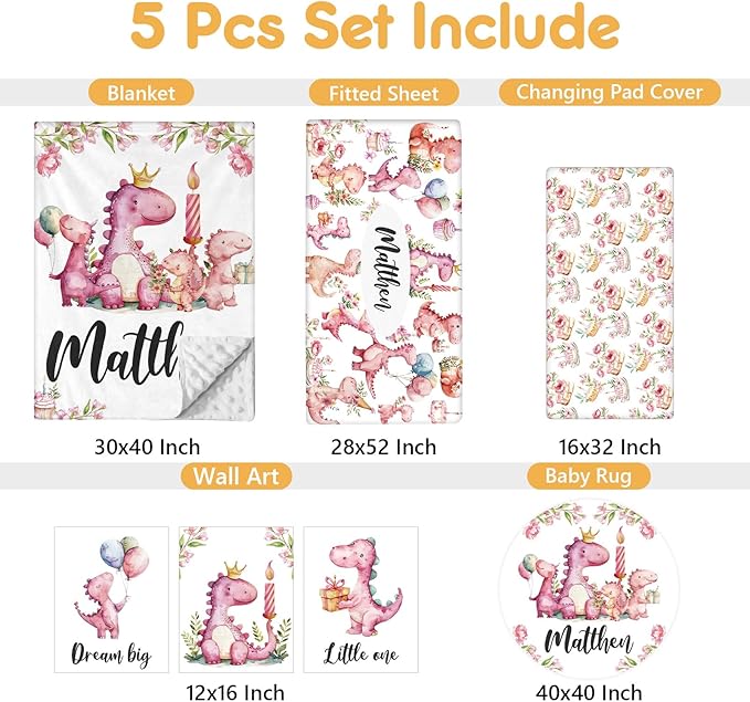 Custom Baby Crib Bedding Set - 5 Pcs Personalized Name Pink Dinosaurs Crib Set for Infants Toddlers Girls - Soft Double Layer Nursery Bedding Set - Customized Present for Birthday Baby Shower