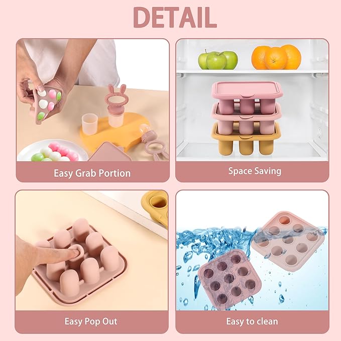 WAJIAYON Baby Food Freezer Tray Silicone Nibble Freezer Tray,Baby Fruit Food Feeder Teether,Breastmilk Popsicle Mold,Babies Breast Milk Teether Pop Maker Maker for Homemade Infant Meals-Pink