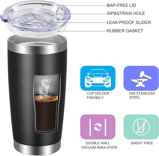 VEGOND 20oz Tumbler with Lid and Straw Stainless Steel Tumbler Cup Bulk Vacuum Insulated Double Wall Travel Coffee Mug Powder Coated Coffee Cup, Black 12 Pack