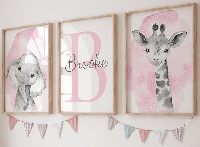 Safari Animals Set of 3 Unframed Poster Prints for Baby Girls Nursery Bedroom Playroom, Personalized Name, Choice of 12 Animals, Pink Purple (12x16)
