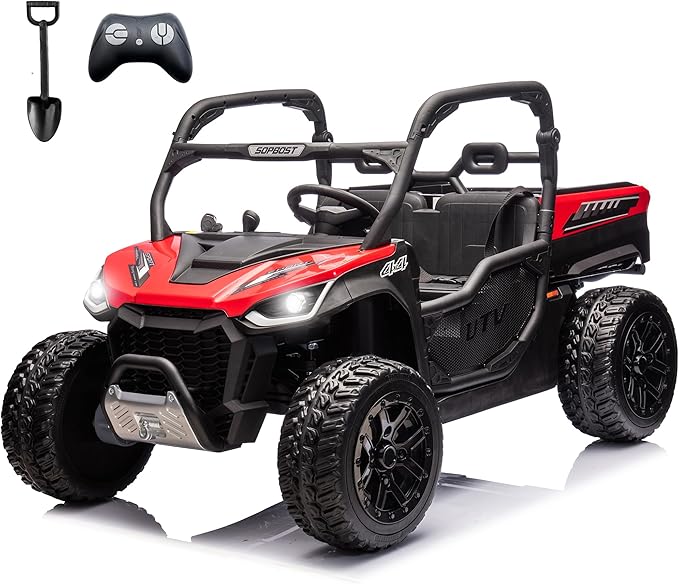 sopbost 24V 10Ah Ride On Toys for Big Kids to Drive 2 Seater Ride On Car with Remote Control Battery Powered Side by Side UTV with Large Dump Bed, 4x75W Motors, Red & Black