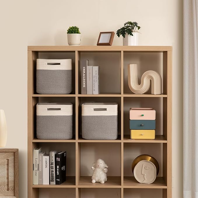 OIAHOMY Cube Storage Basket, 3-Pack Woven Cotton Rope Baskets for Storage, 11-Inch Cube Basket with Handles, Great for Shelves, Closets, Children's Toy Storage and Organization-White & Grey