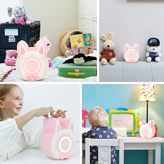 QANYI Bunny Plush Alarm Clock Night Light, Cute Stuffed Animals with LED Display Clock Adjustable Light, Toys for 5-12 Year Old Girls, Kawaii Birthday Gifts for Kids Teens Girls Women