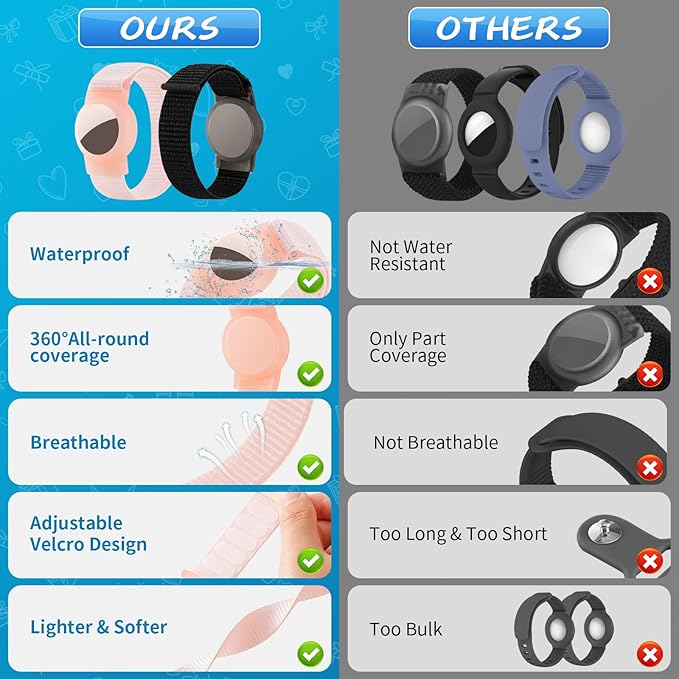 Waterproof Air Tag Bracelet for Kids (2 Pack), Soft Nylon Hidden Air Tag Wristband Full Cover Lightweight GPS Tracker Holder Compatible with Apple AirTag Band for Toddler Child (Black & Pink)