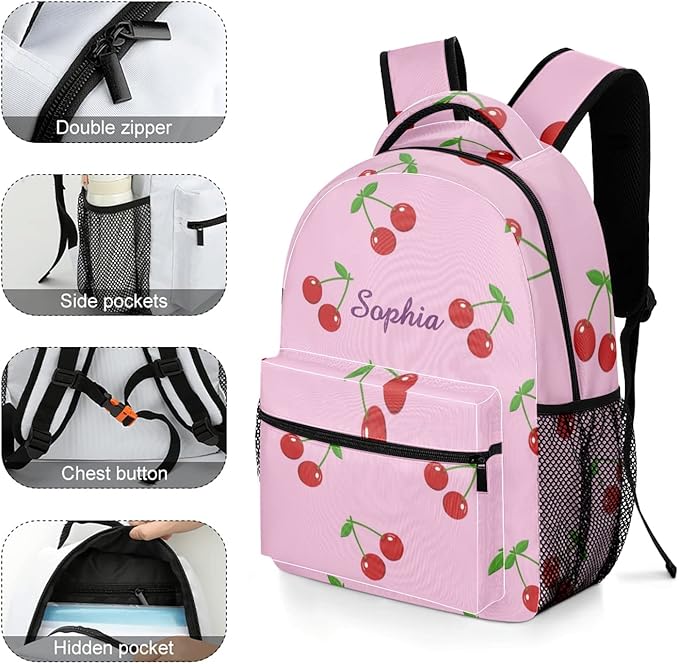 Cherry on Pink Custom Kids Backpack 16.5 Inch for Boy Girl, Personalized Waterproof Child School Travel Bag with Name